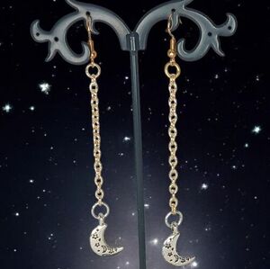 Linear Drop Earrings Crescent Moon Charms Mixed Metals Cosmic Alchemy Mod 1960s